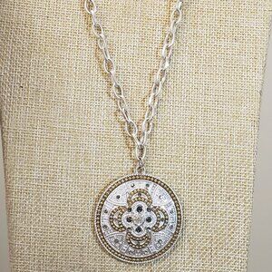 Four Seasons, NWT, Long silver, gold, rhinestone filagree medallion necklace